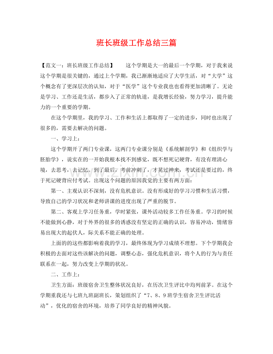 班长班级工作总结三篇 .docx_第1页