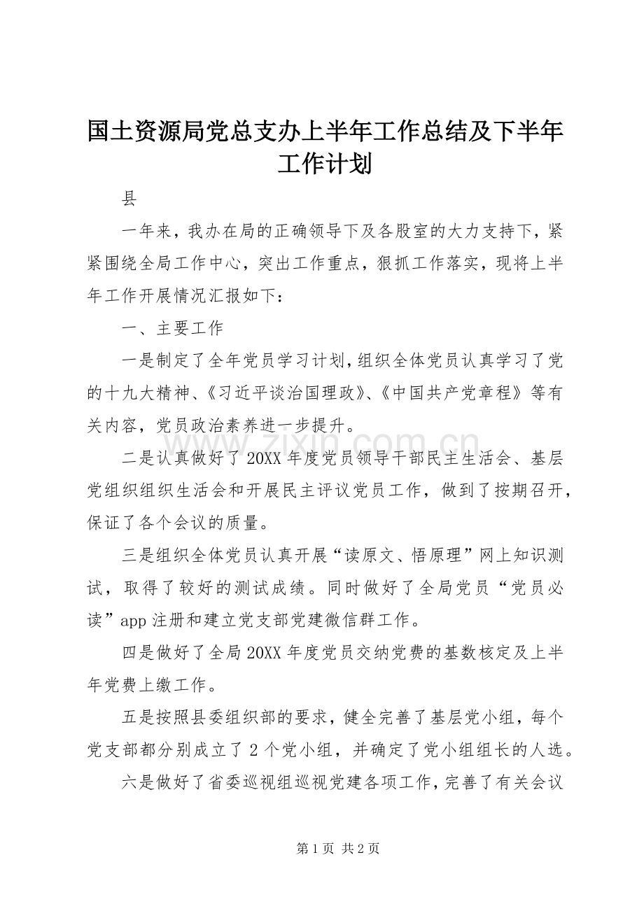 国土资源局党总支办上半年工作总结及下半年工作计划 .docx_第1页