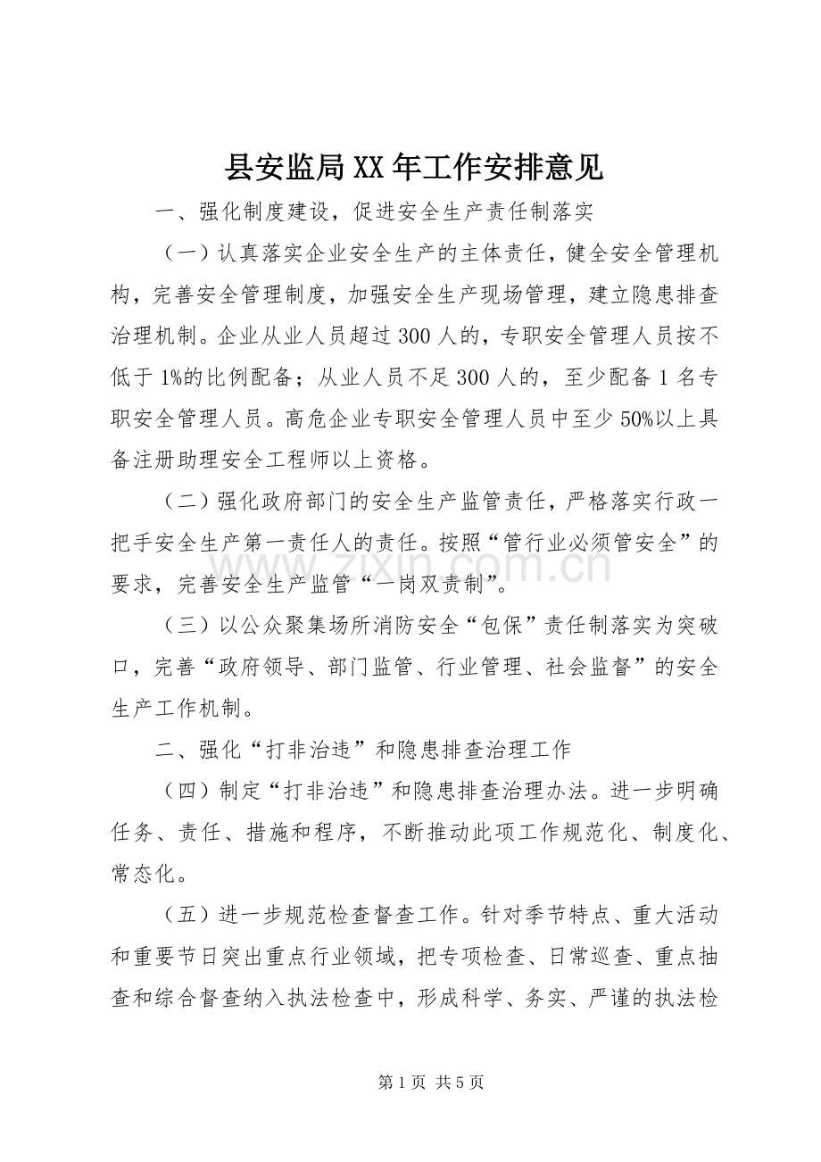 县安监局XX年工作安排意见.docx_第1页
