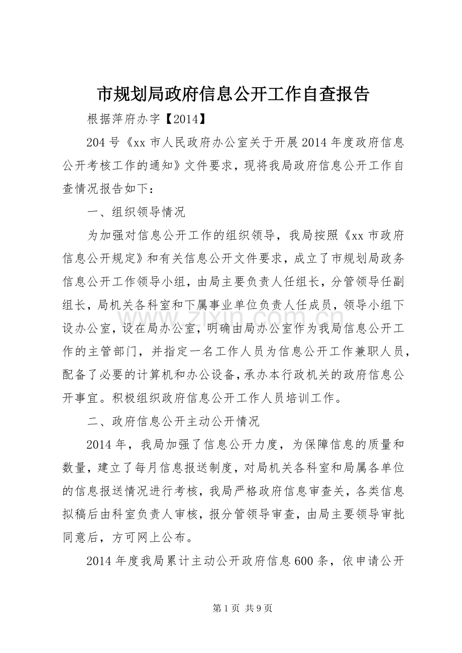 市规划局政府信息公开工作自查报告.docx_第1页