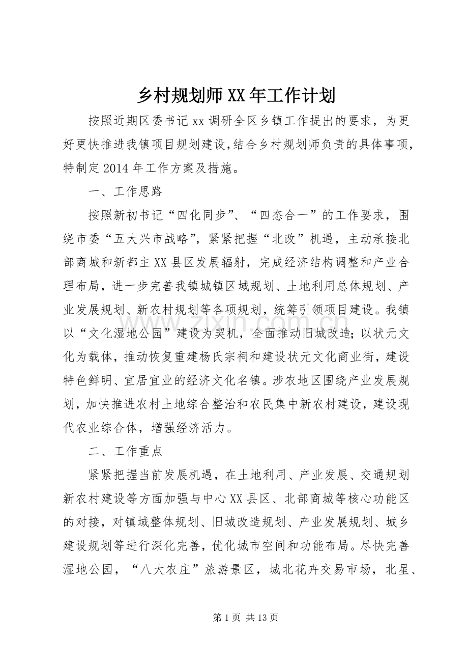 乡村规划师XX年工作计划 .docx_第1页
