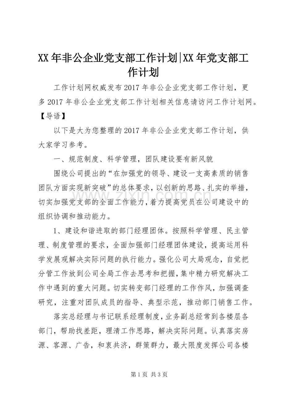 XX年非公企业党支部工作计划-XX年党支部工作计划.docx_第1页
