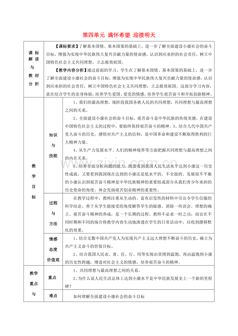甘肃省武威第十一中学九年级政治全册《第四单元 满怀希望 迎接明天》教案 新人教版.doc_第1页