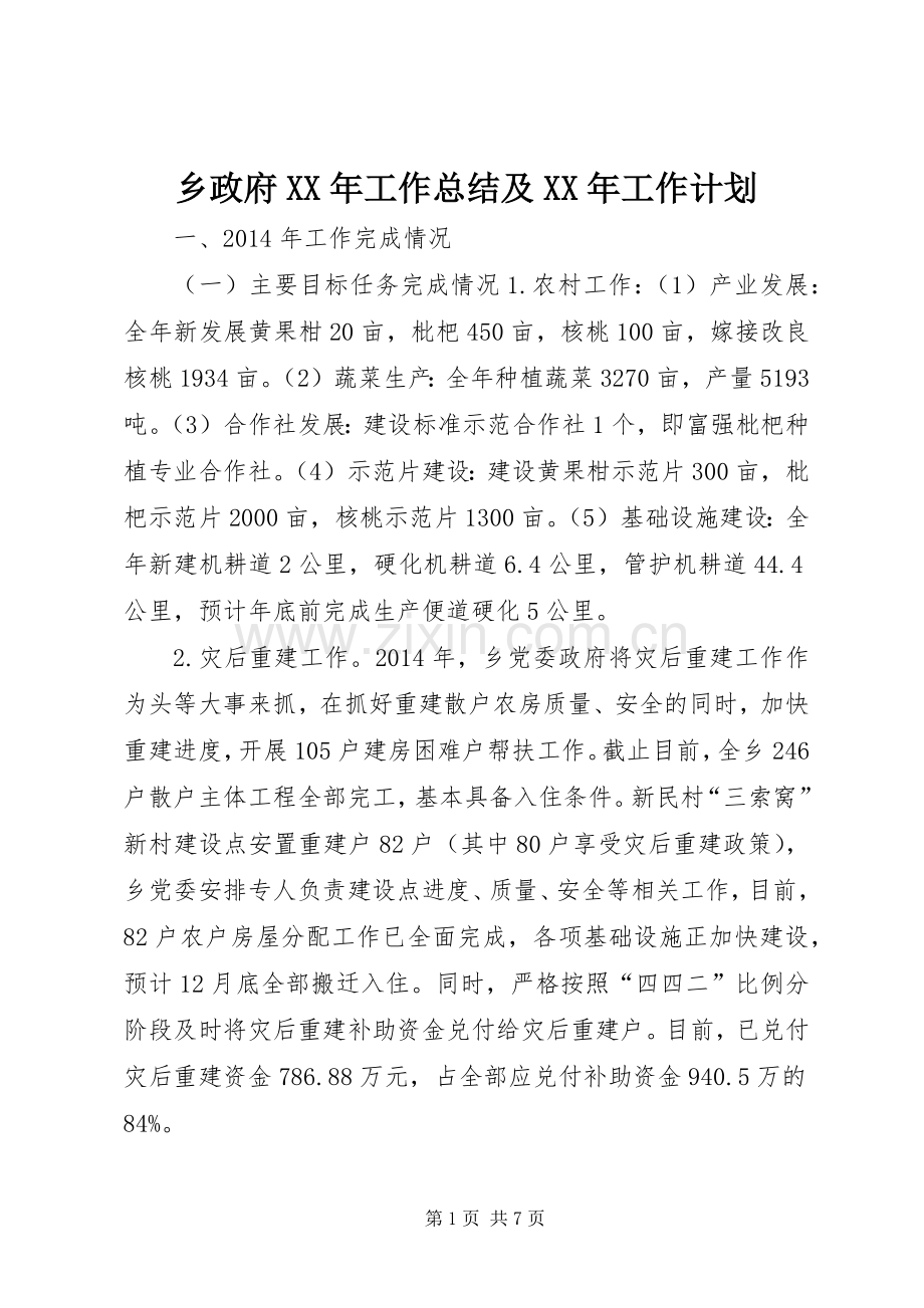 乡政府XX年工作总结及XX年工作计划.docx_第1页
