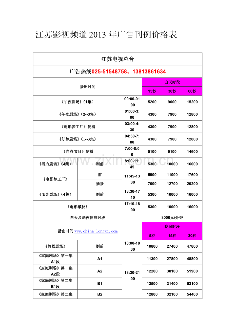 江苏影视频道2013年广告刊例价格表.doc_第1页