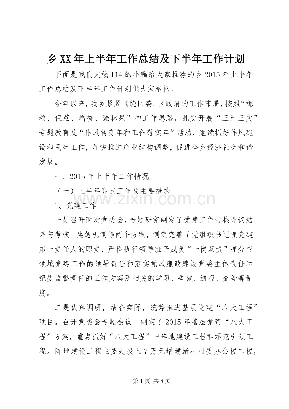 乡XX年上半年工作总结及下半年工作计划_1 .docx_第1页