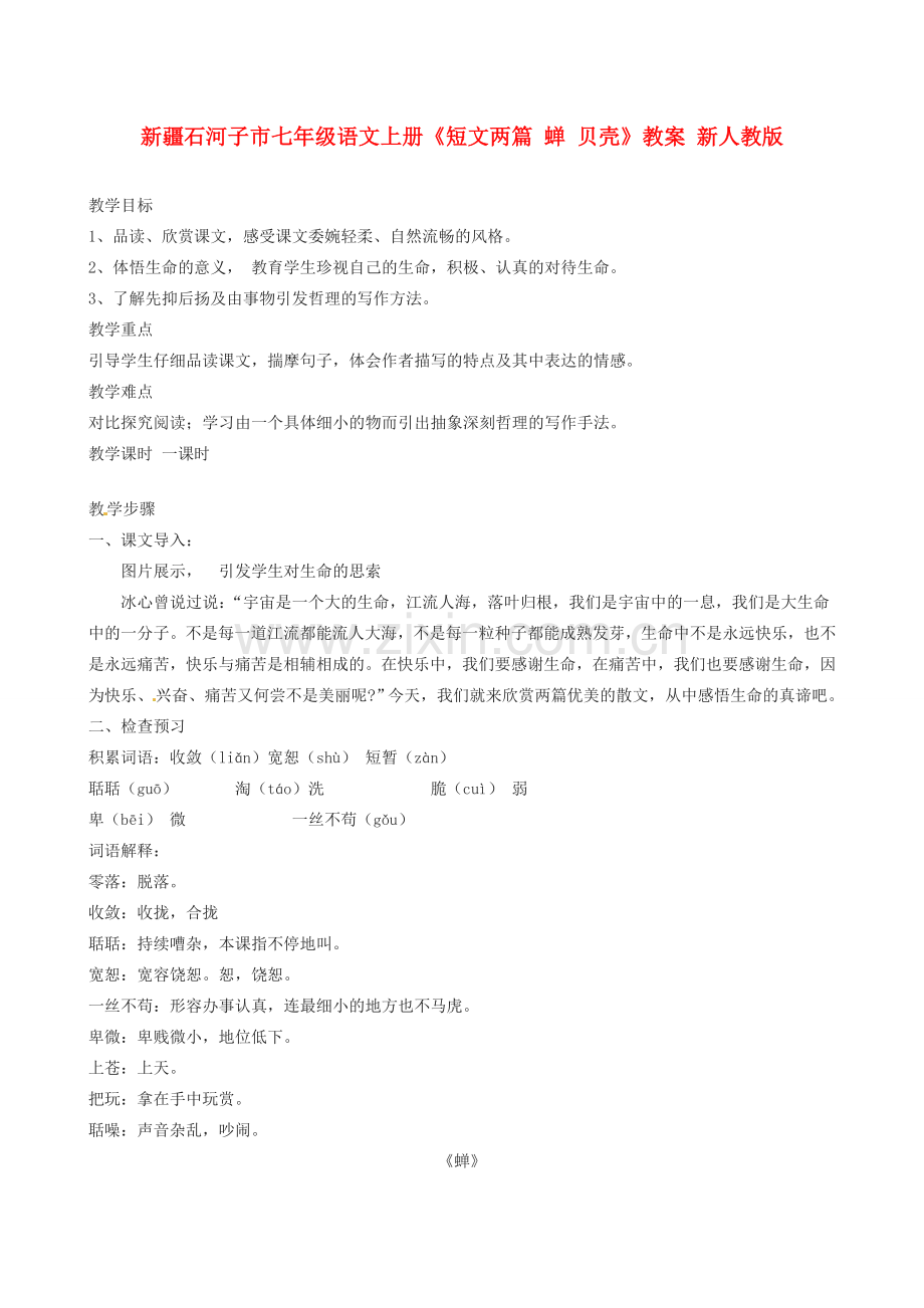 新疆石河子市七年级语文上册《短文两篇 蝉 贝壳》教案 新人教版.doc_第1页