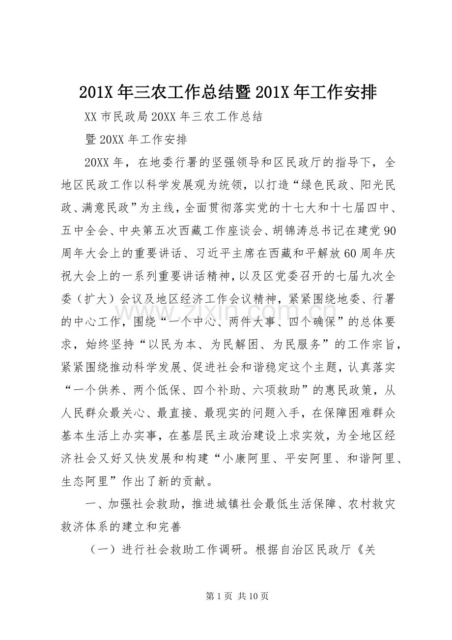 201X年三农工作总结暨201X年工作安排.docx_第1页