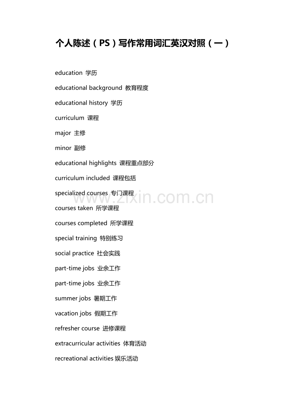 个人陈述（PS）写作常用词汇英汉对照（一）.doc_第1页