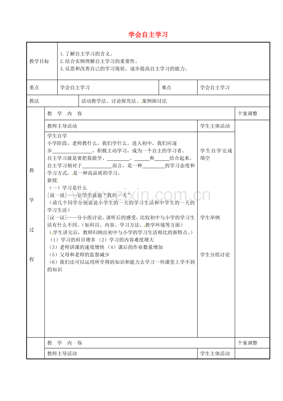 七年级政治上册 12.1 学会自主学习教案 苏教版-苏教版初中七年级上册政治教案.doc_第1页