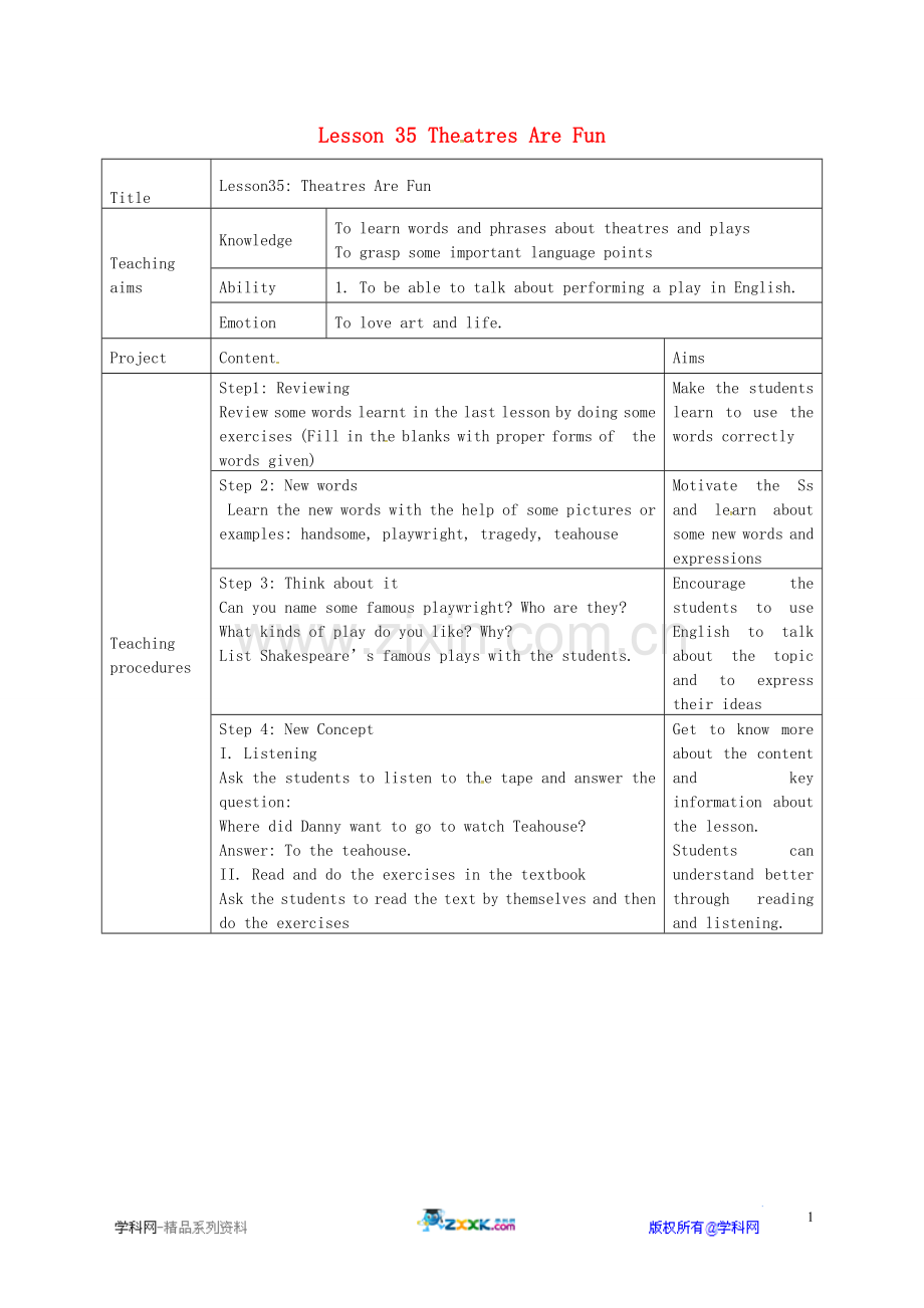 九年级英语上册 Unit 6 Movies and Theater Lesson 35 Theatres are fun教学设计 （新版）冀教版-（新版）冀教版初中九年级上册英语教案.doc_第1页