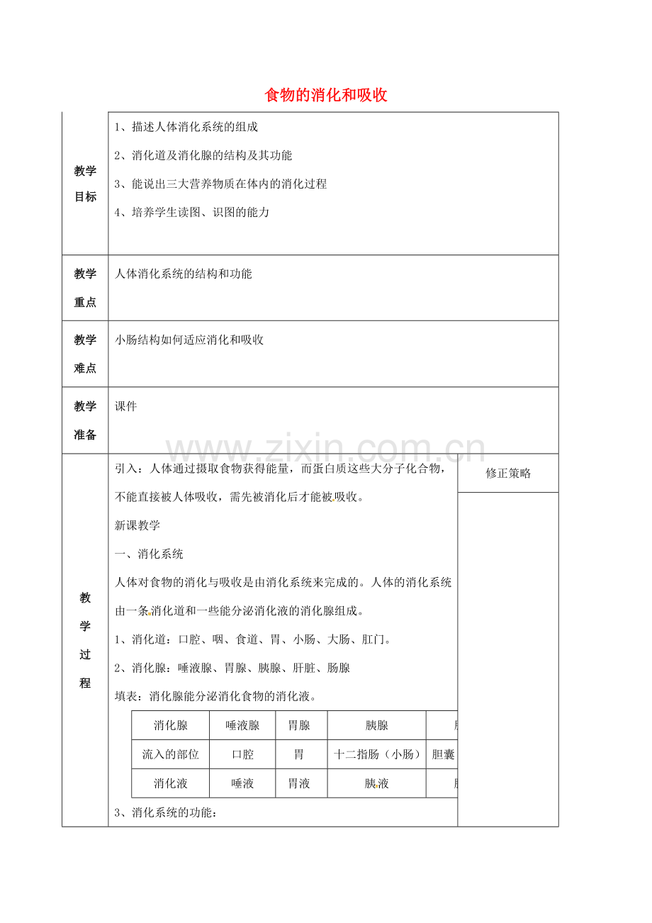 九年级科学上册 4.2.2 食物的消化和吸收教案 （新版）浙教版-（新版）浙教版初中九年级上册自然科学教案.doc_第1页