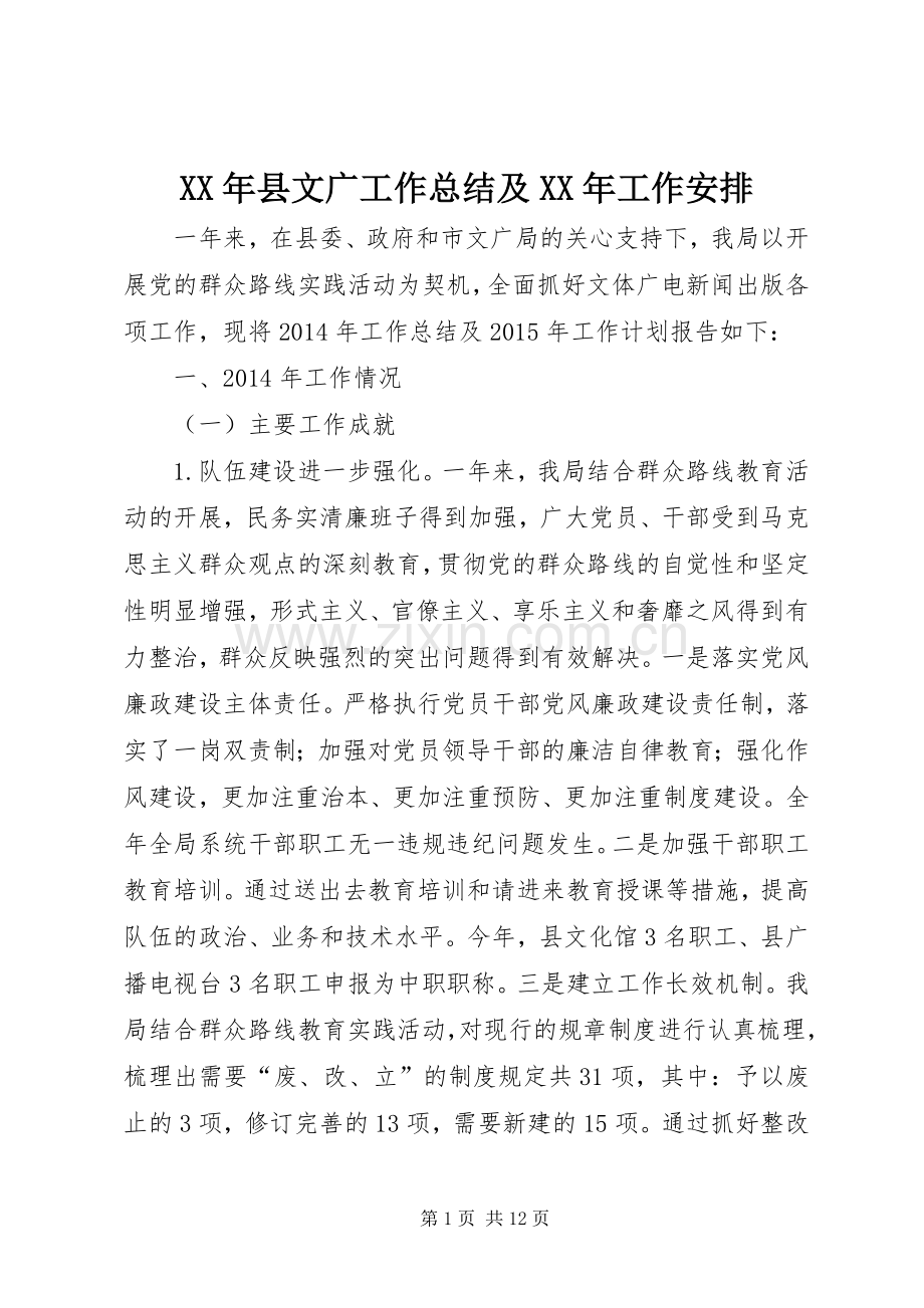 XX年县文广工作总结及XX年工作安排.docx_第1页