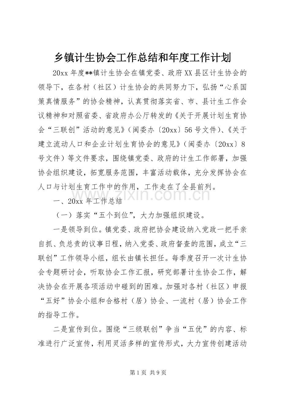 乡镇计生协会工作总结和年度工作计划_1.docx_第1页