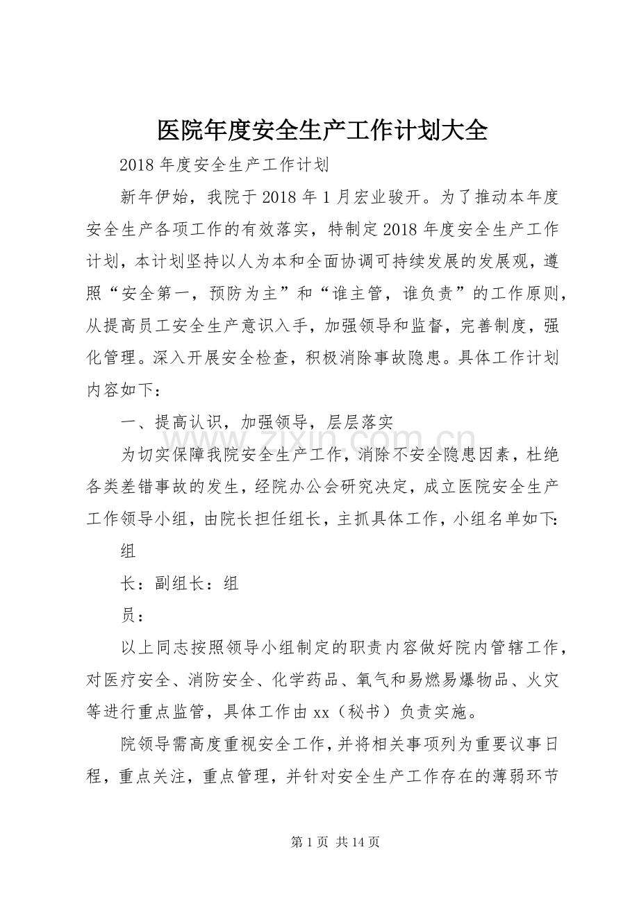 医院年度安全生产工作计划大全.docx_第1页