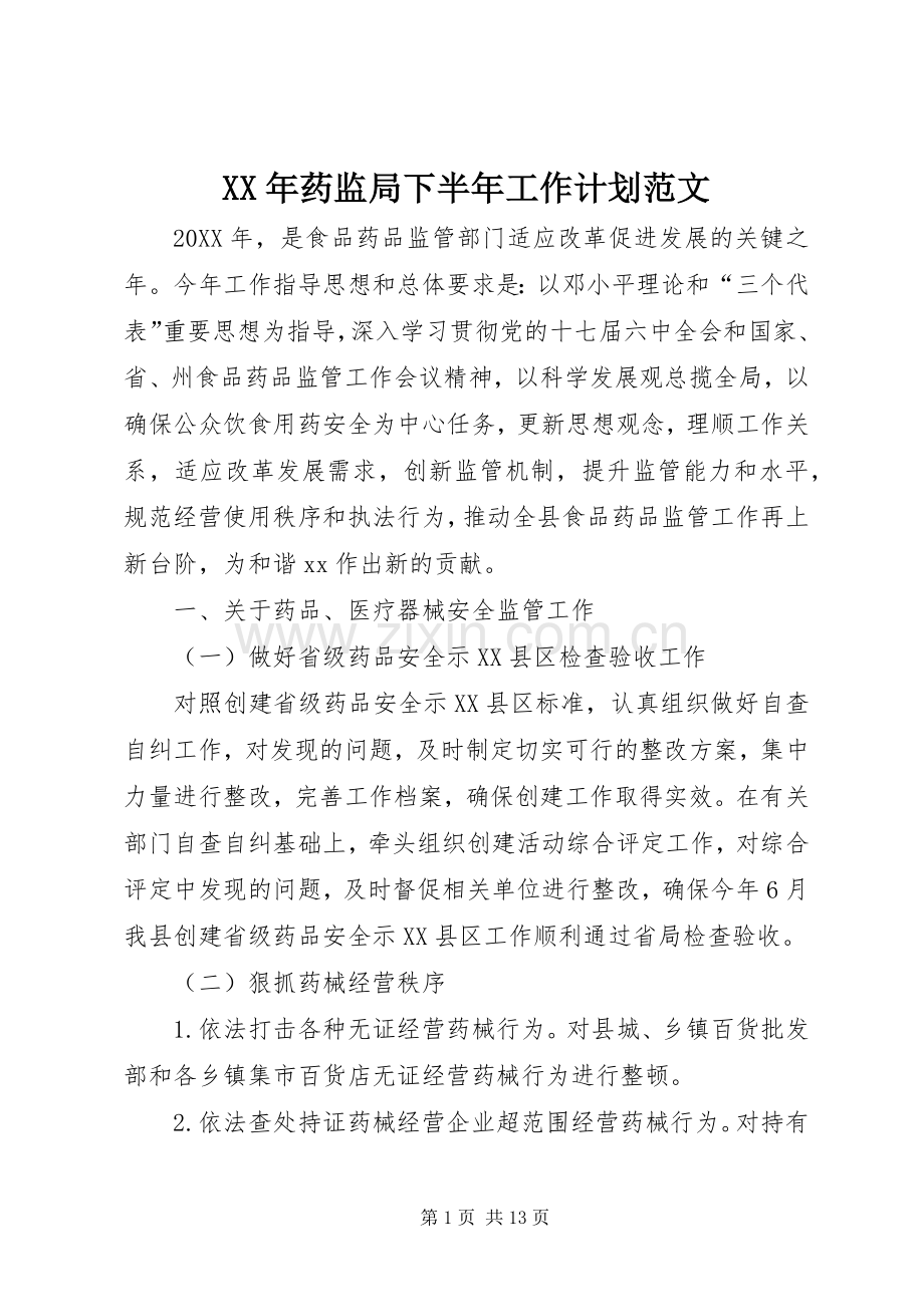 XX年药监局下半年工作计划范文.docx_第1页