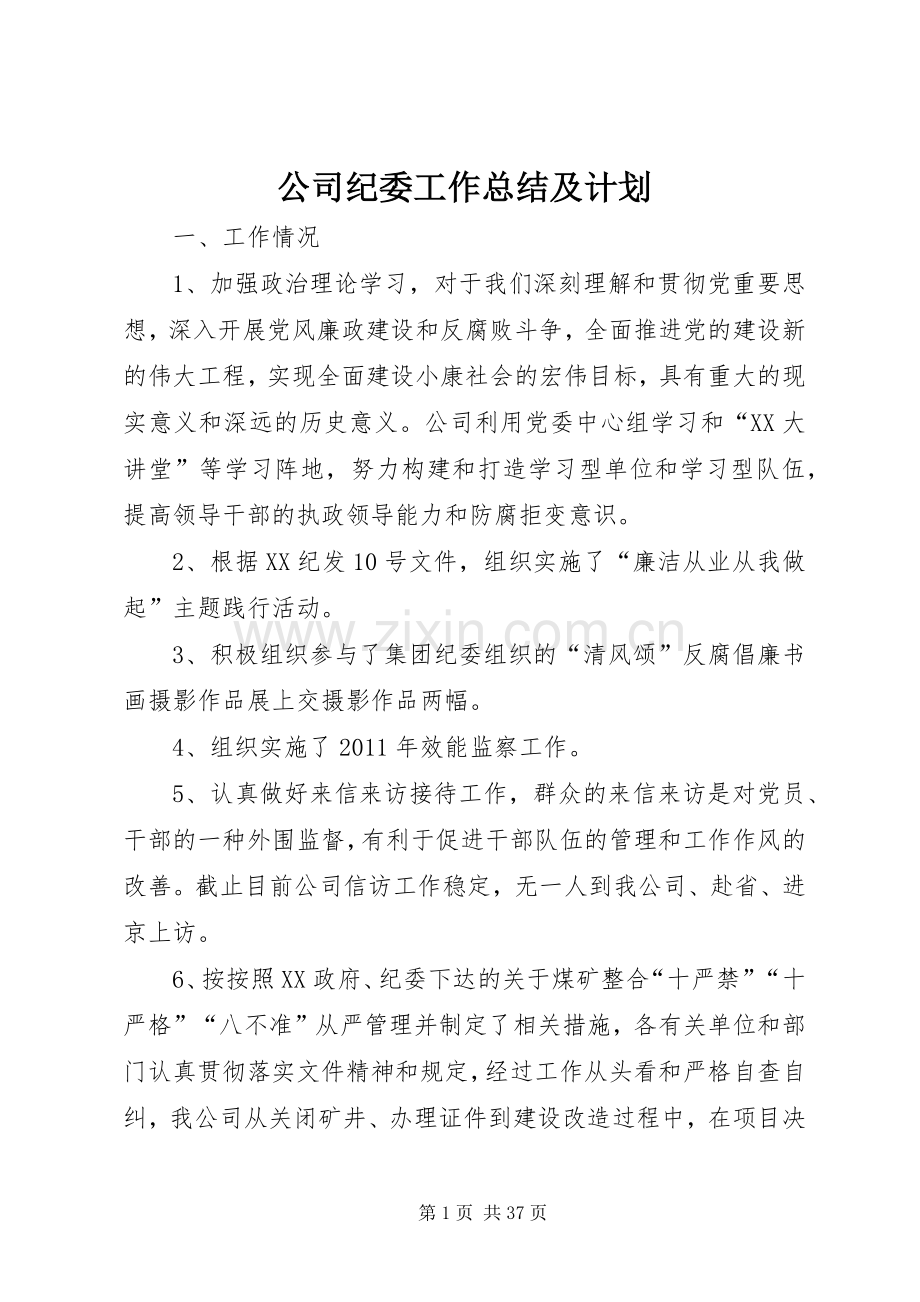 公司纪委工作总结及计划 .docx_第1页