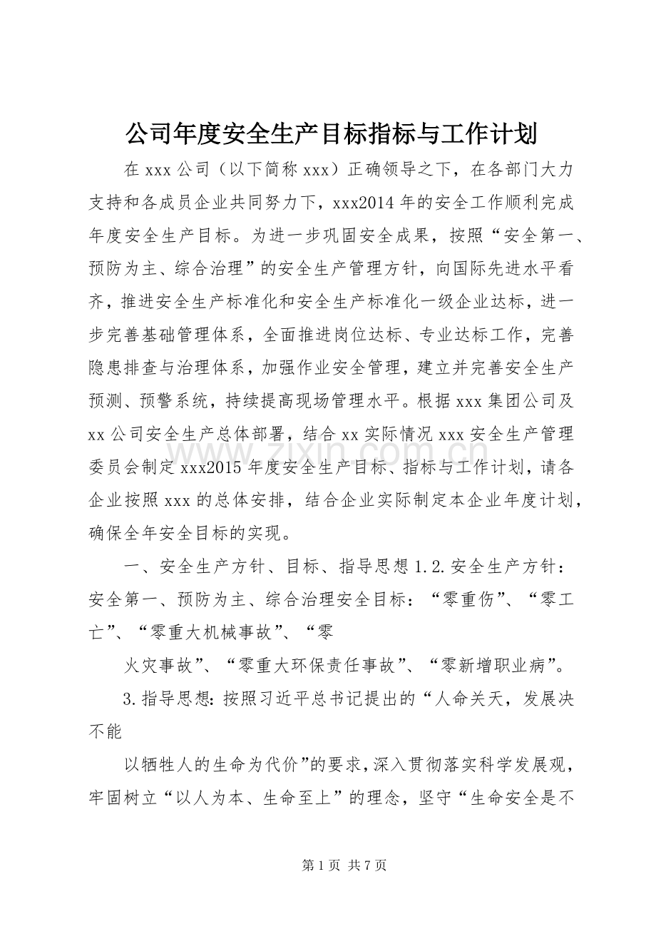 公司年度安全生产目标指标与工作计划.docx_第1页