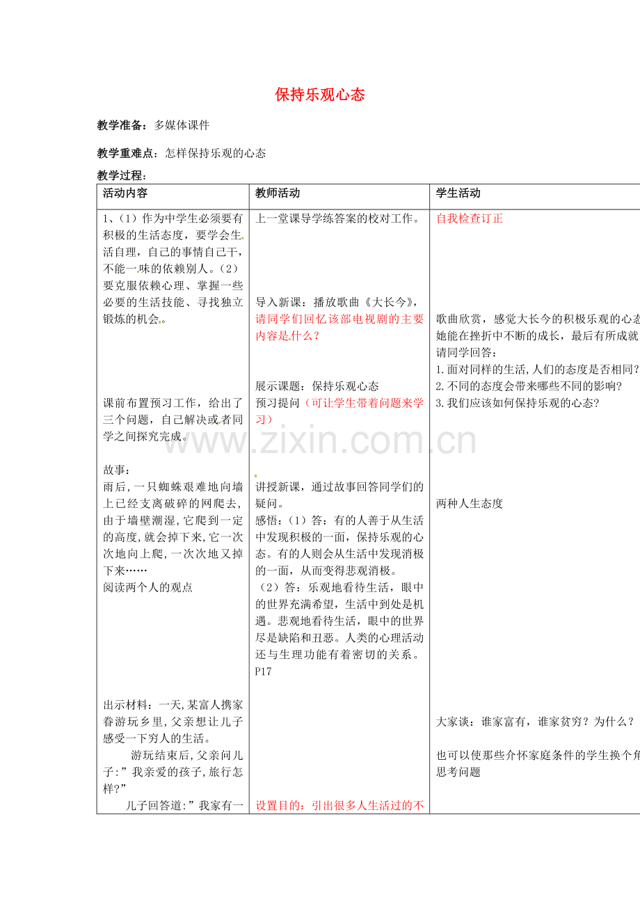 八年级政治上册 2.2 保持乐观心态教案 苏教版-苏教版初中八年级上册政治教案.doc_第1页