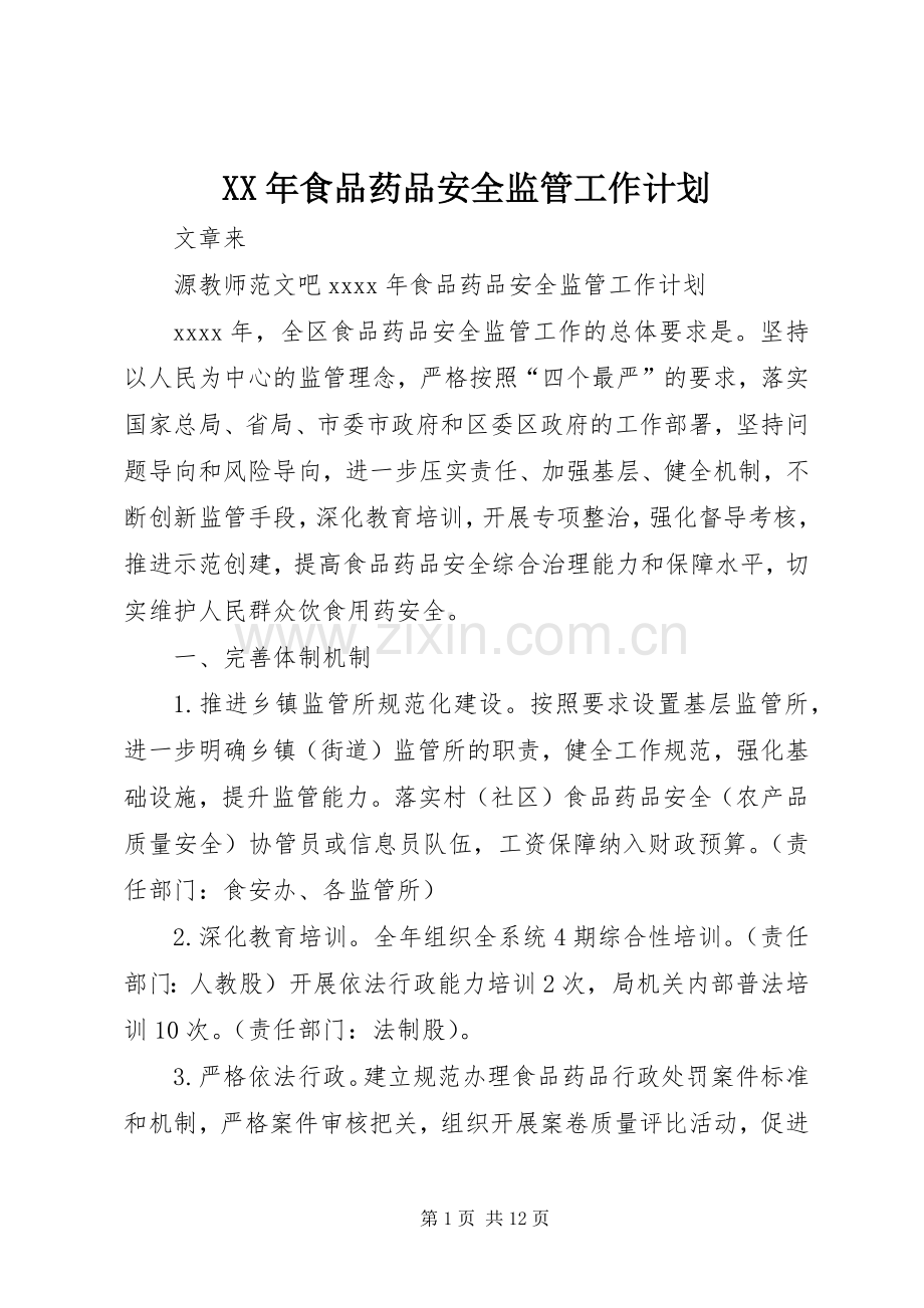 XX年食品药品安全监管工作计划 .docx_第1页