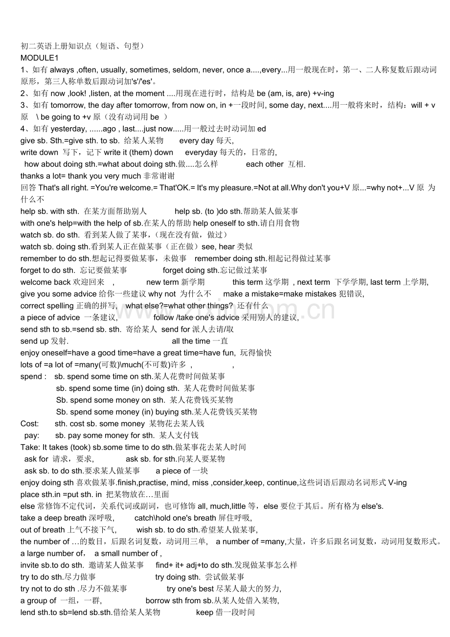 初二英语上册知识点(短语、句型).doc_第1页