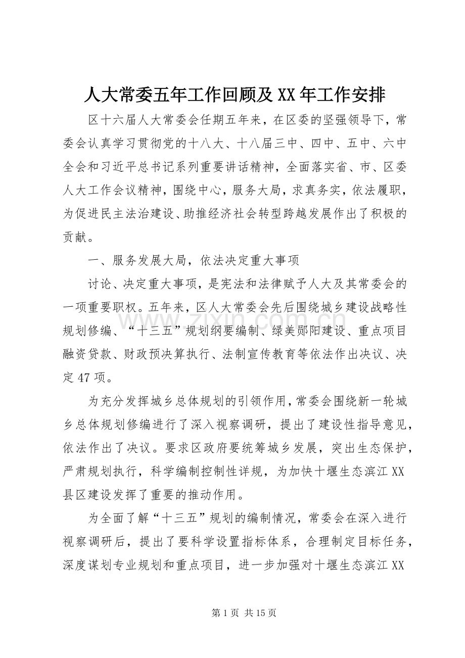 人大常委五年工作回顾及XX年工作安排.docx_第1页