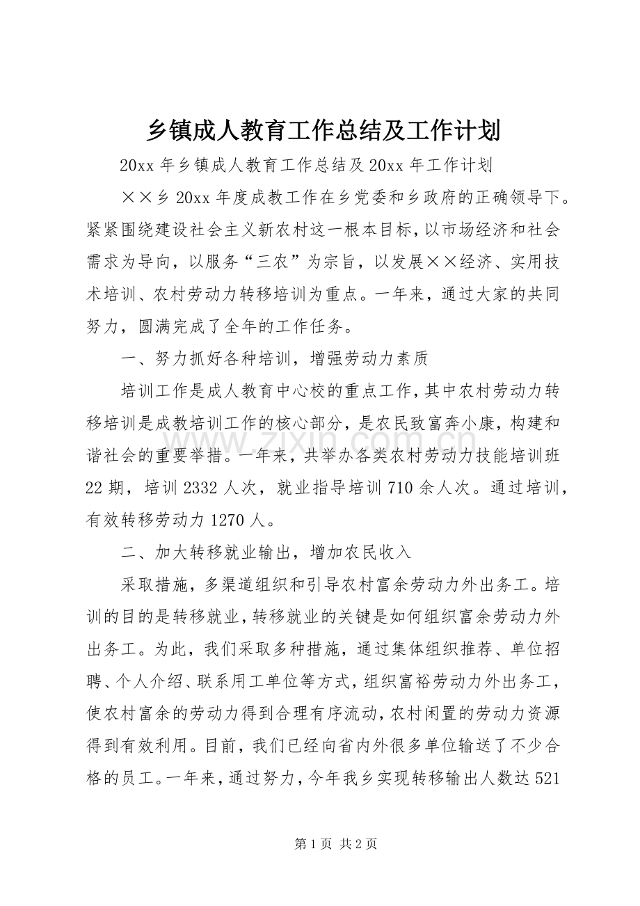乡镇成人教育工作总结及工作计划.docx_第1页