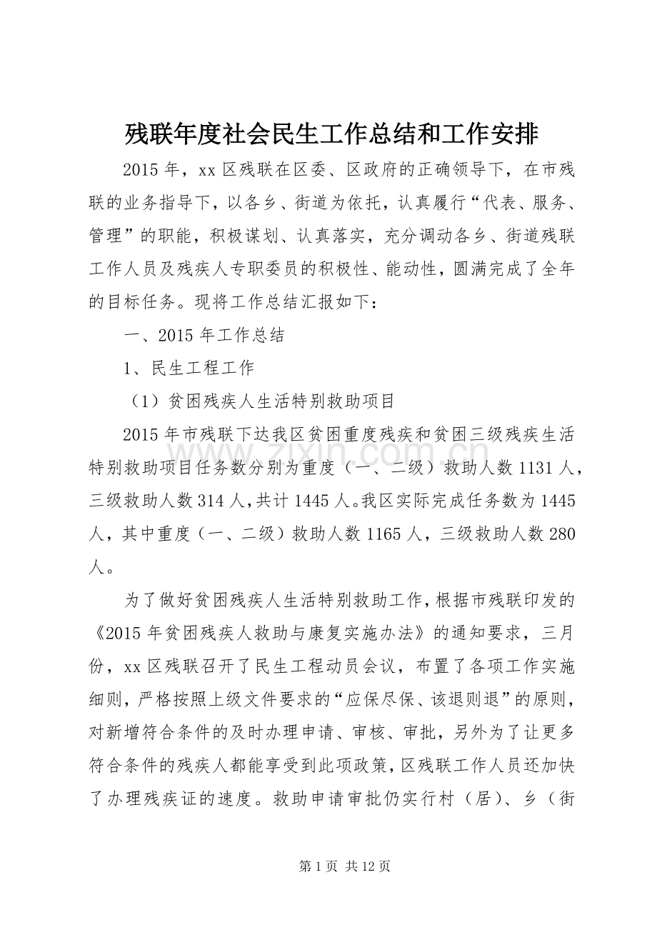 残联年度社会民生工作总结和工作安排.docx_第1页