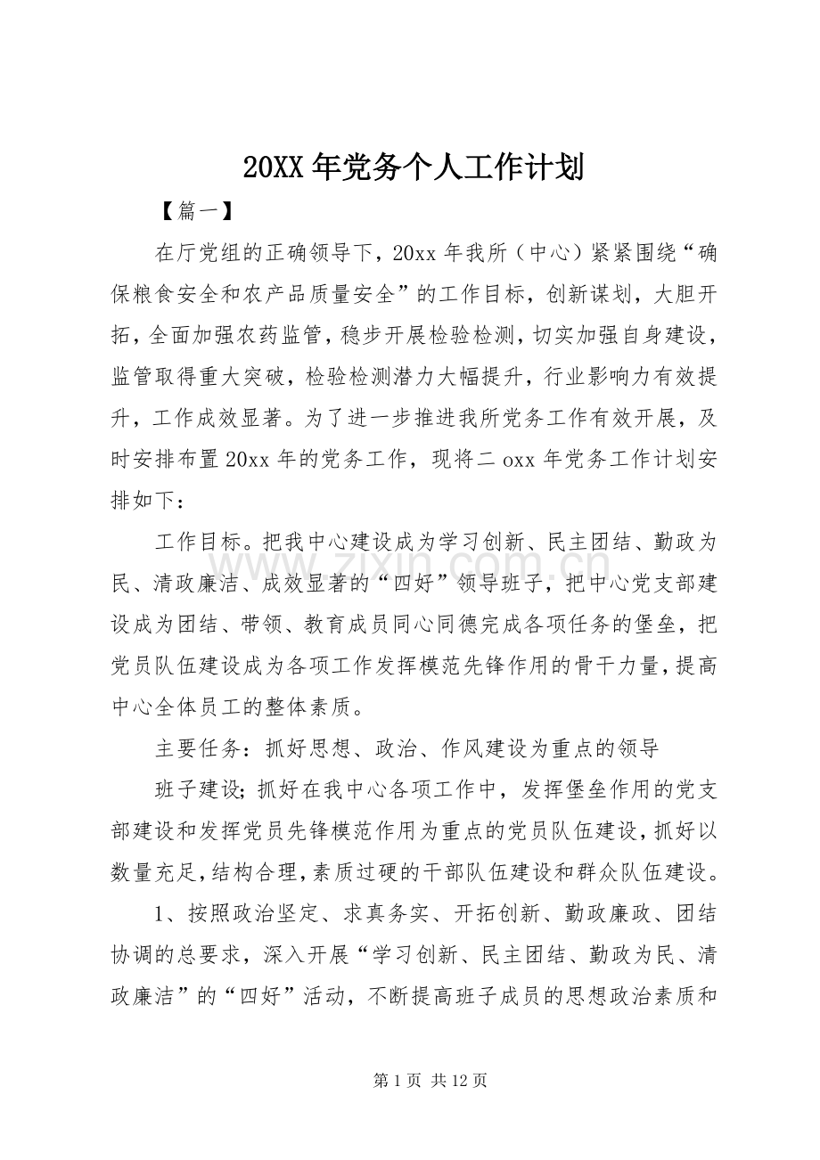 20XX年党务个人工作计划.docx_第1页