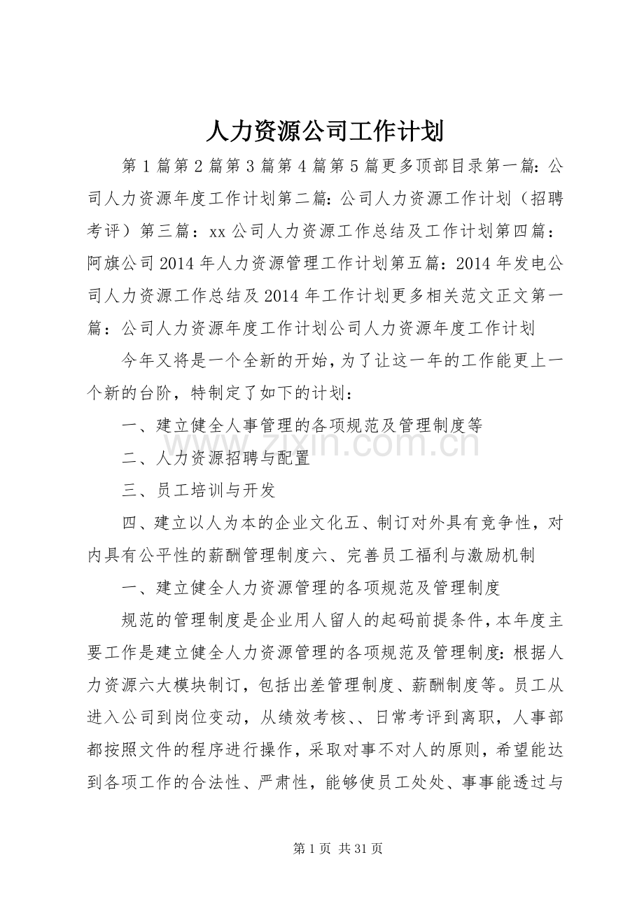 人力资源公司工作计划.docx_第1页