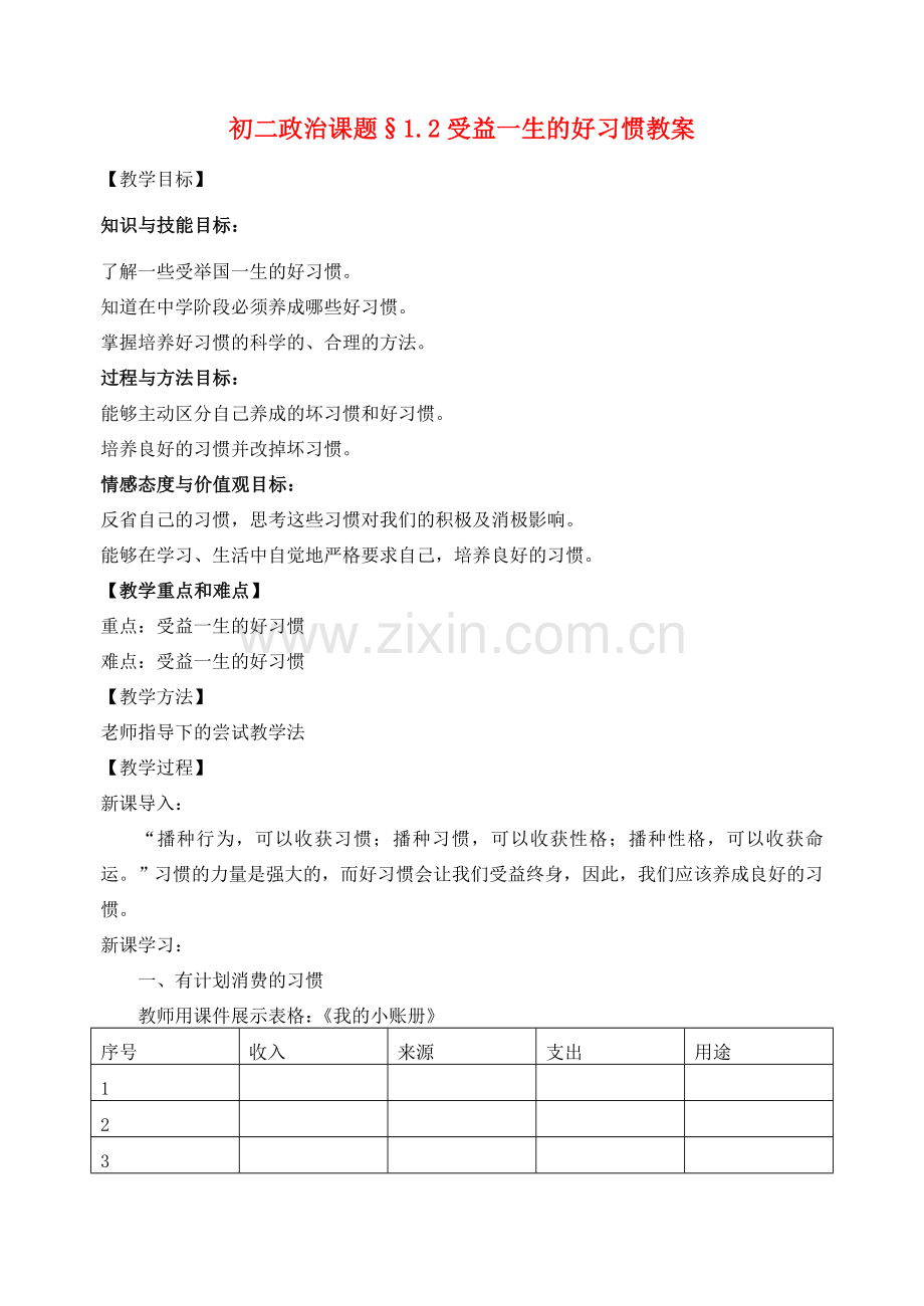 八年级政治上受益一生的好习惯教案（苏教版）.doc_第1页