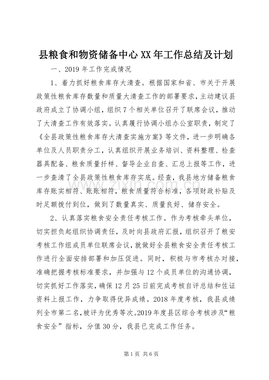 县粮食和物资储备中心XX年工作总结及计划.docx_第1页