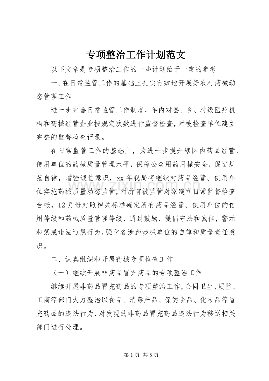 专项整治工作计划范文 .docx_第1页