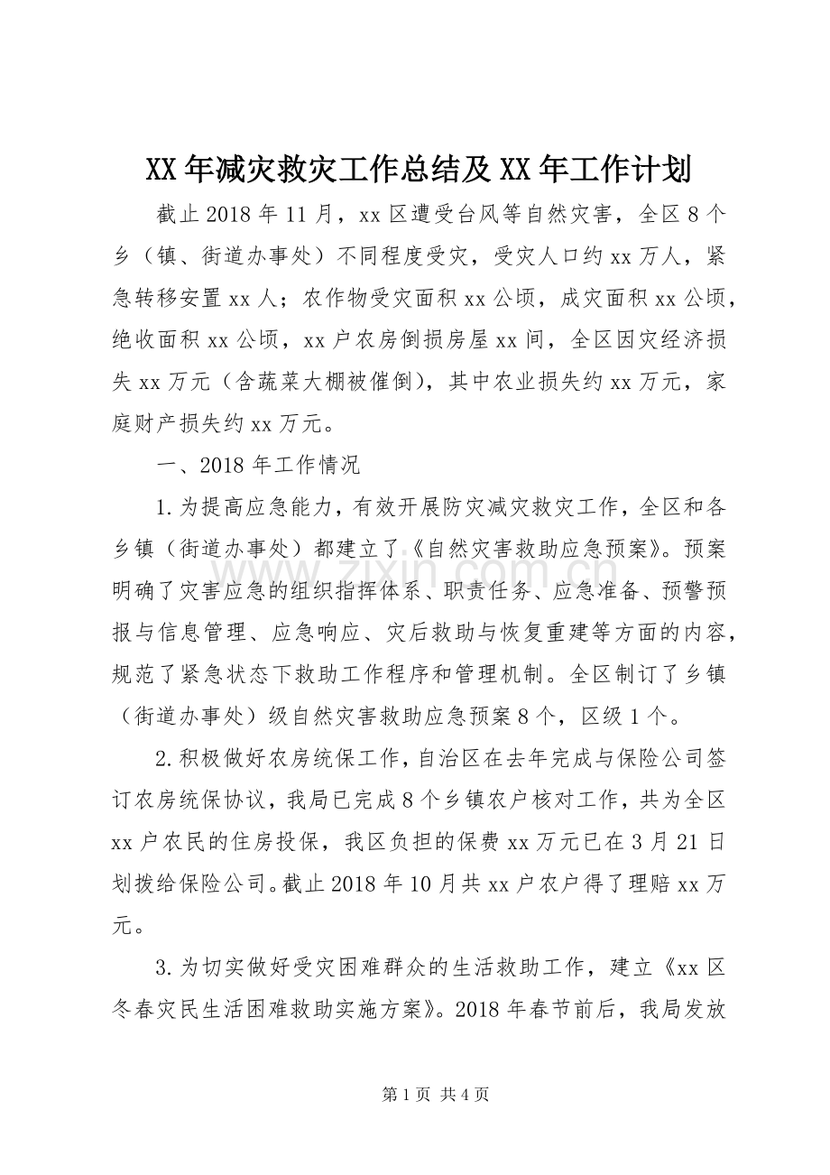 XX年减灾救灾工作总结及XX年工作计划.docx_第1页