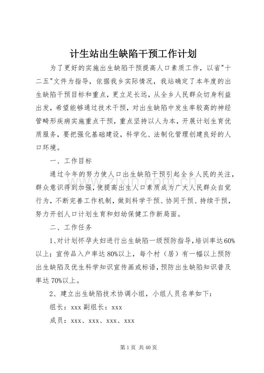计生站出生缺陷干预工作计划.docx_第1页