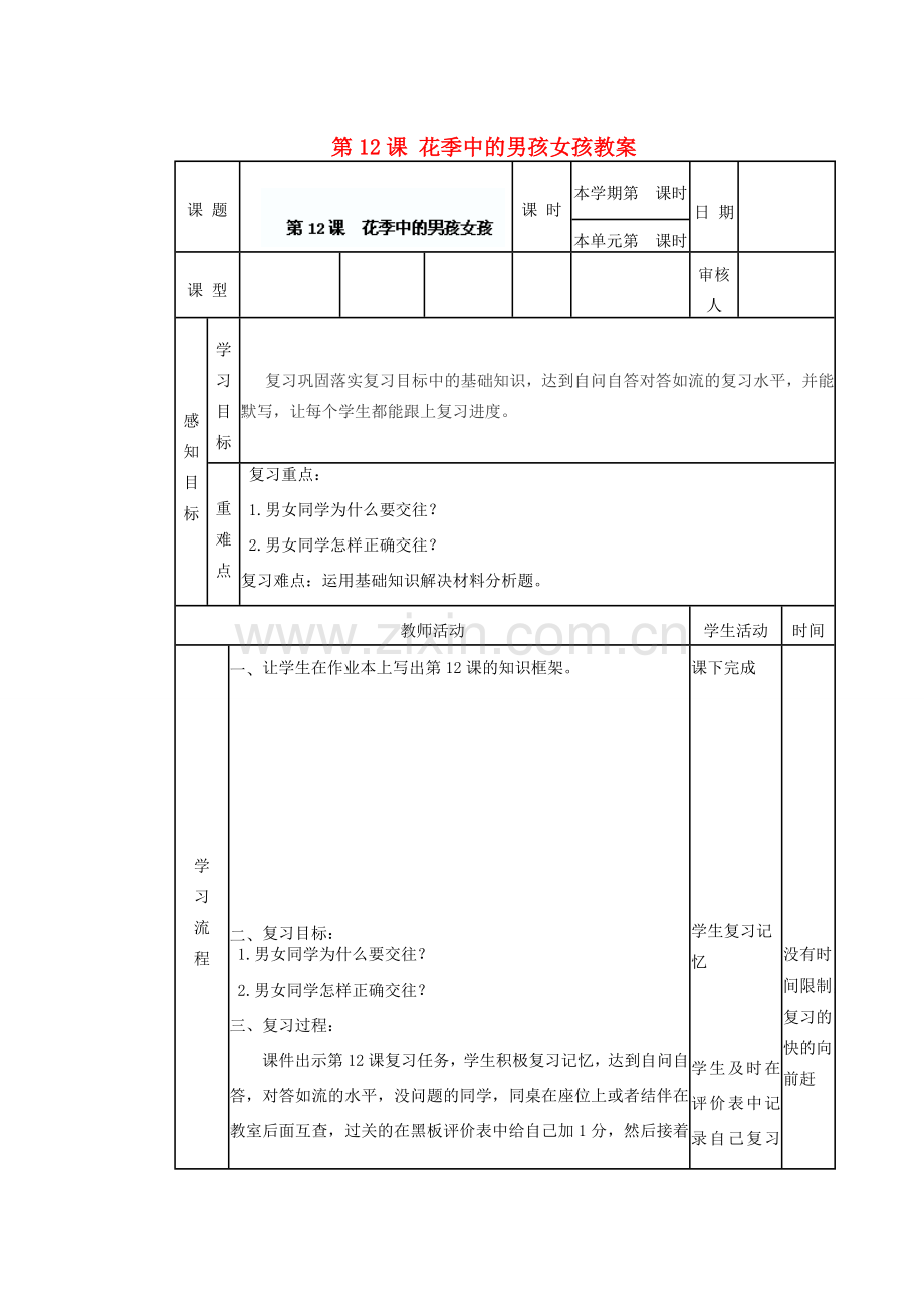 山东省滨州市邹平实验中学七年级政治下册 第12课 花季中的男孩女孩教案 鲁教版.doc_第1页