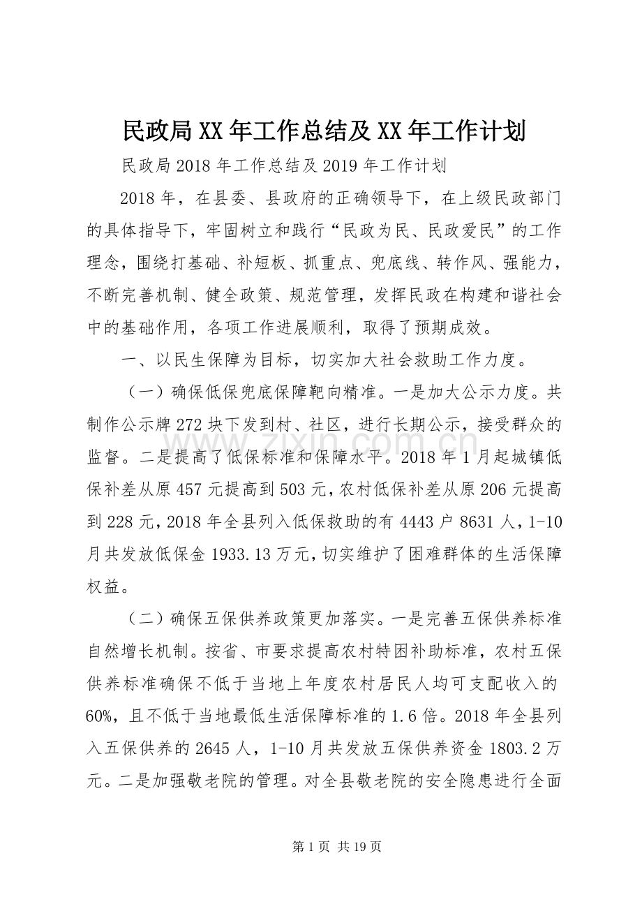 民政局XX年工作总结及XX年工作计划_1.docx_第1页