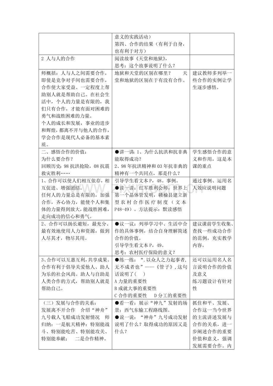 九年级政治全册 4.1 生活处处有合作教案 苏教版-苏教版初中九年级全册政治教案.doc_第2页