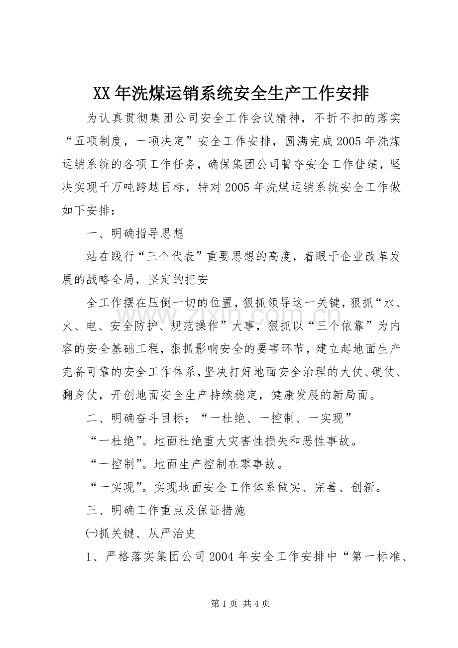 XX年洗煤运销系统安全生产工作安排 .docx_第1页