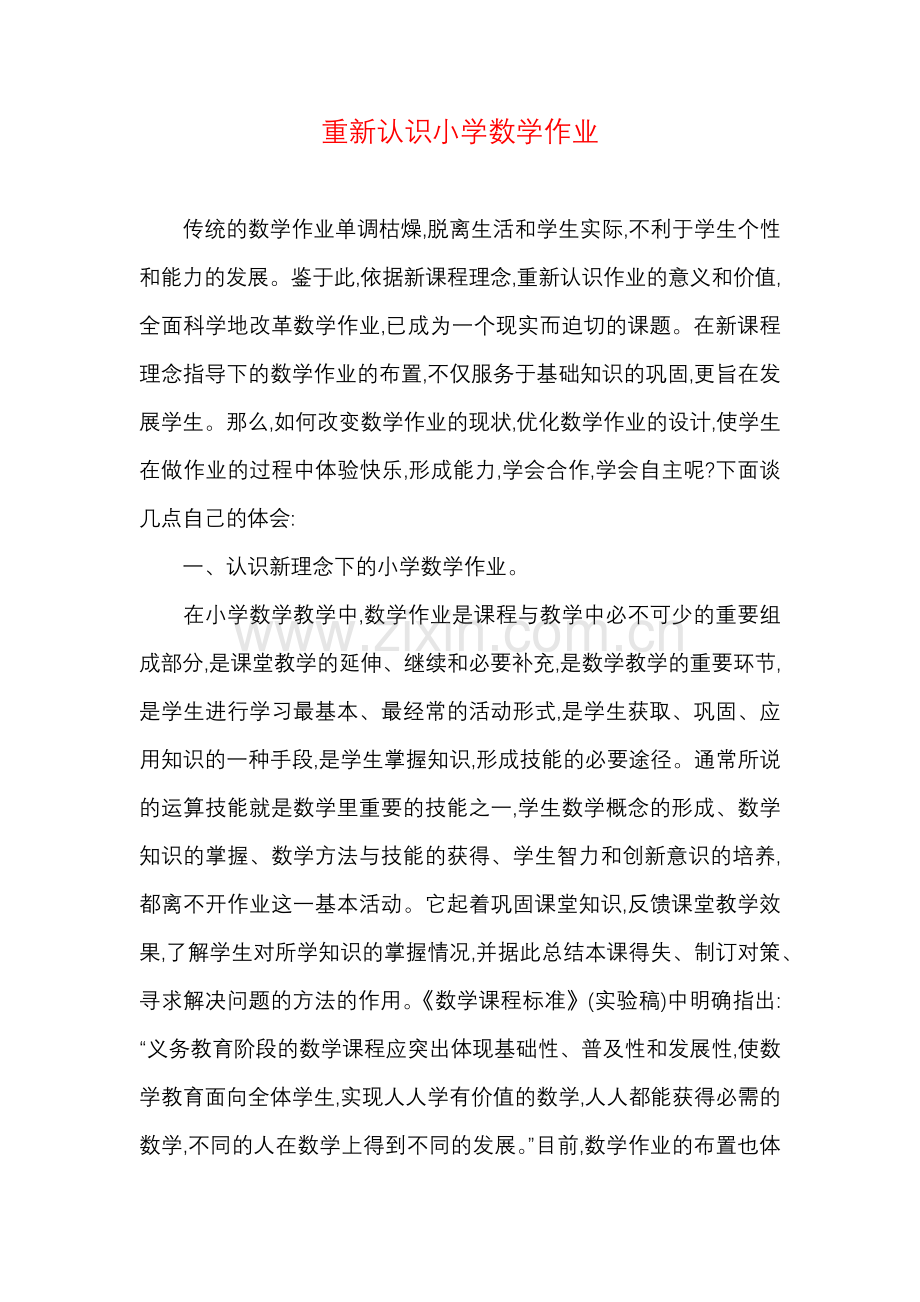 重新认识小学数学作业.docx_第1页