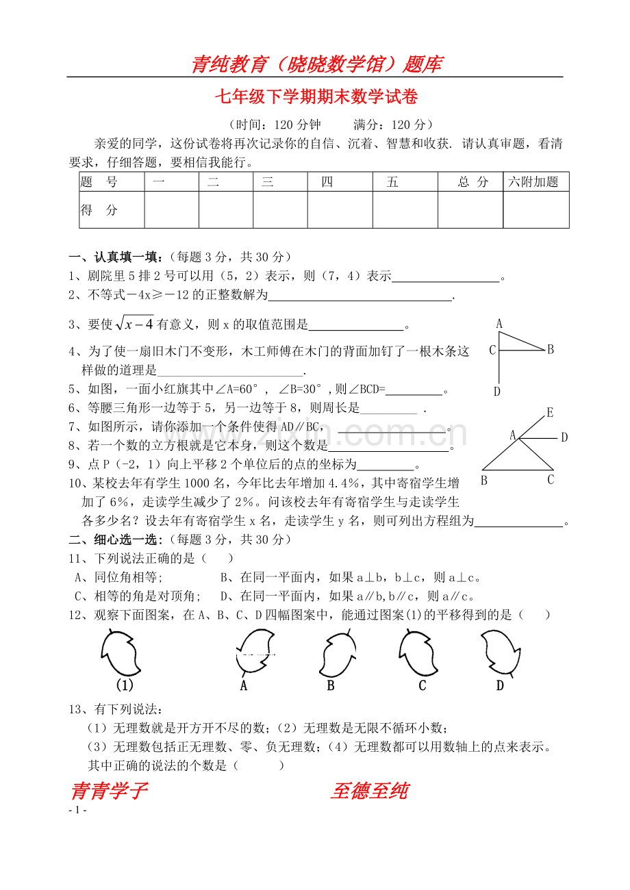 七年级下学期期末试卷_新课标_人教版&&&&.doc_第1页