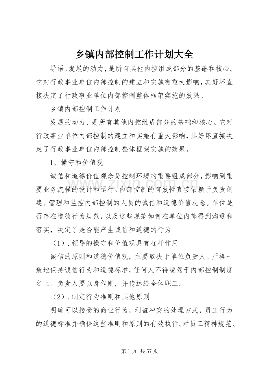 乡镇内部控制工作计划大全.docx_第1页