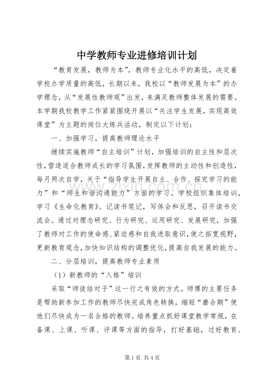 中学教师专业进修培训计划.docx_第1页