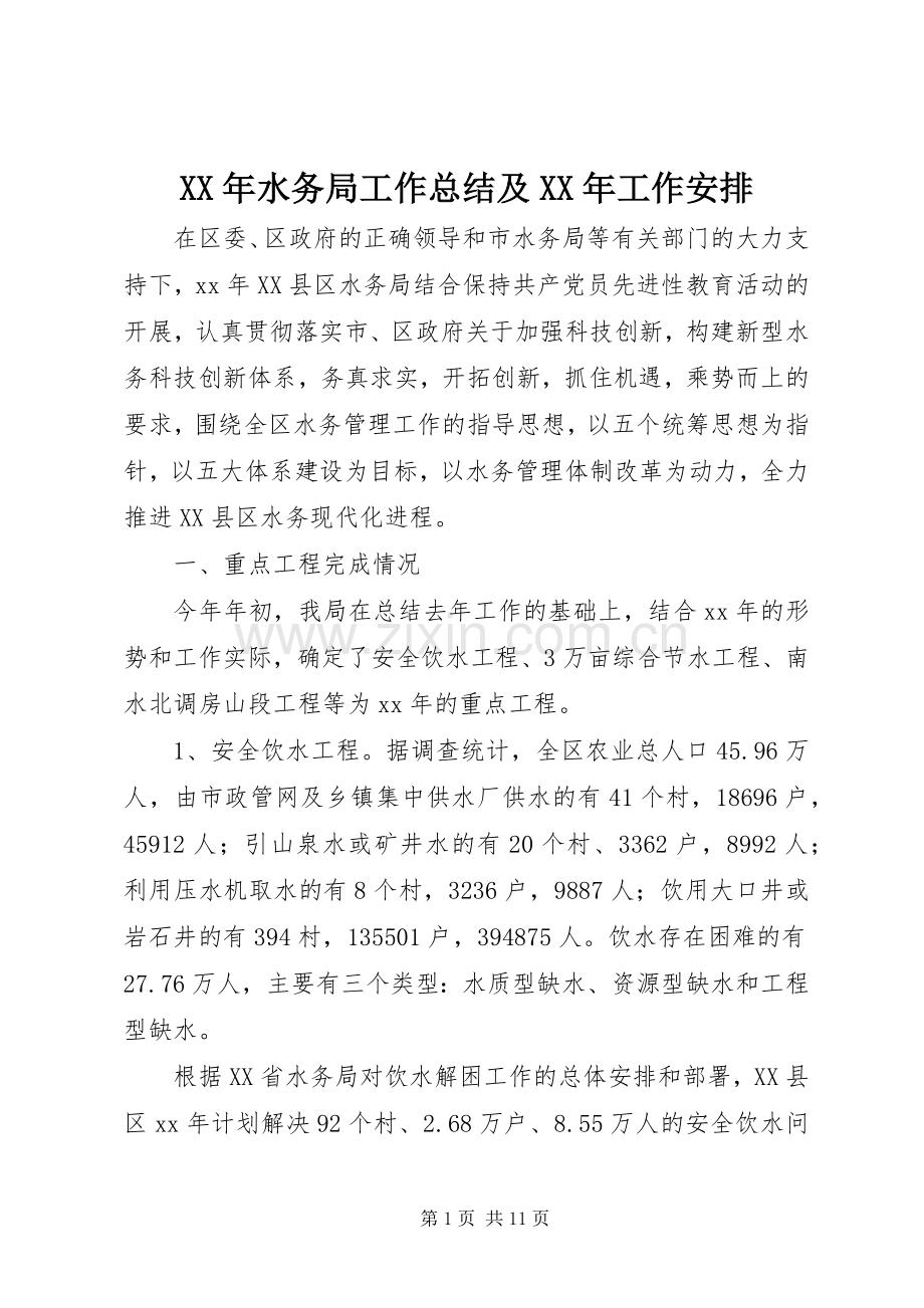XX年水务局工作总结及XX年工作安排.docx_第1页