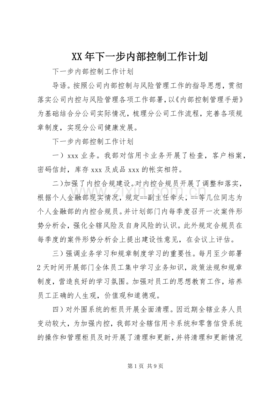 XX年下一步内部控制工作计划 .docx_第1页