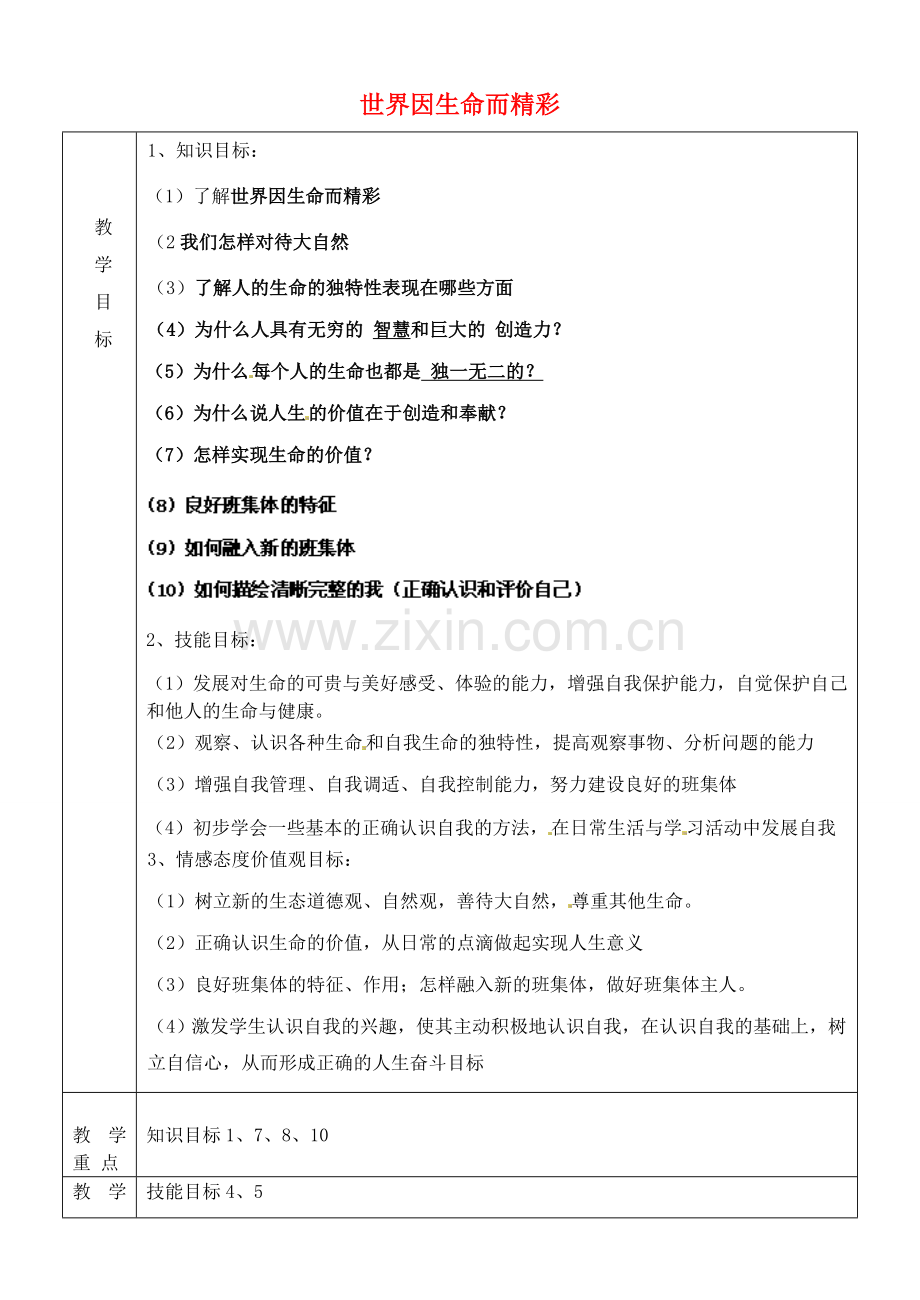 七年级政治上册 世界因生命而精彩教案 鲁教版-鲁教版初中七年级上册政治教案.doc_第1页