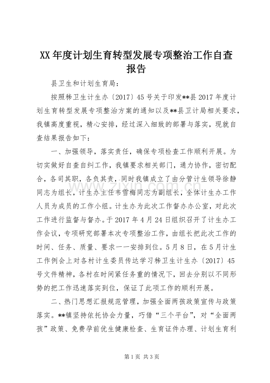 XX年度计划生育转型发展专项整治工作自查报告.docx_第1页