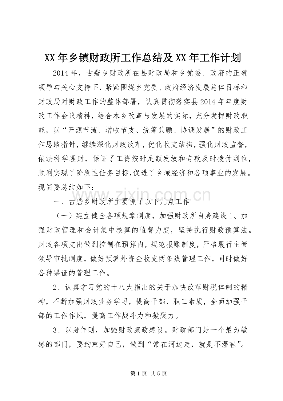 XX年乡镇财政所工作总结及XX年工作计划.docx_第1页