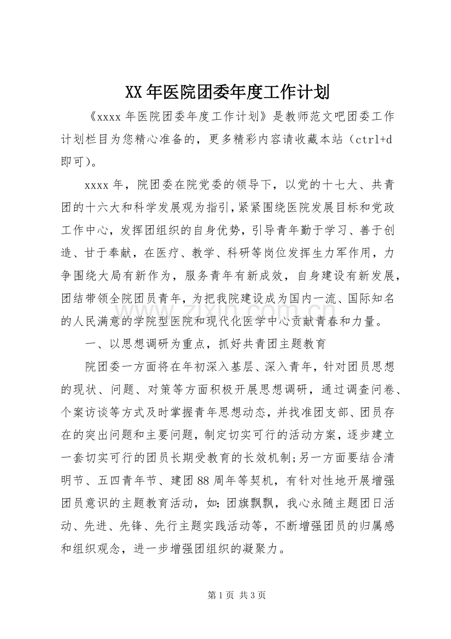 XX年医院团委年度工作计划 .docx_第1页