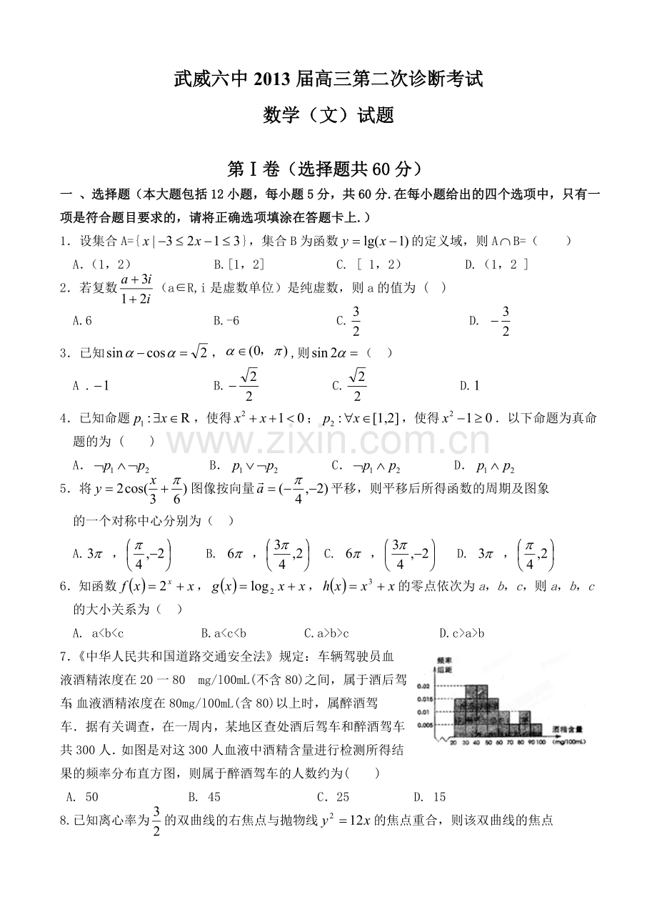 甘肃省武威六中2013届高三第二次诊断考试数学（文）试题.doc_第1页